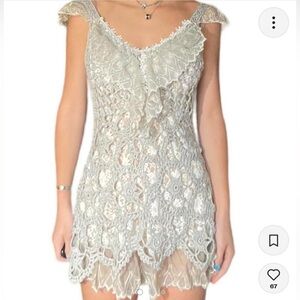 Boston Proper Lace Crochet Ruffle Top Grey Size Medium bohemian Coastal Tunic